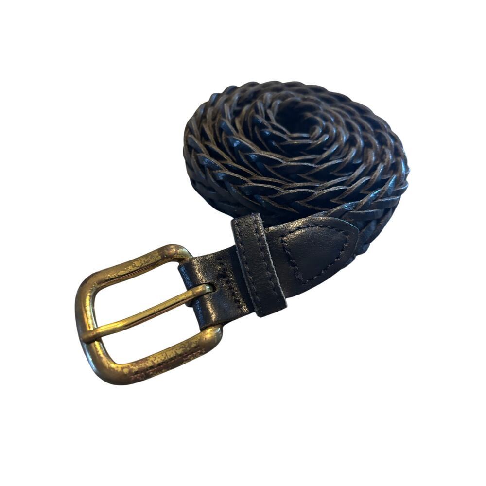 VTG Black Braided Leather Belt Woven Wheat Design Gold Brass Buckle, SizeXL- XXL